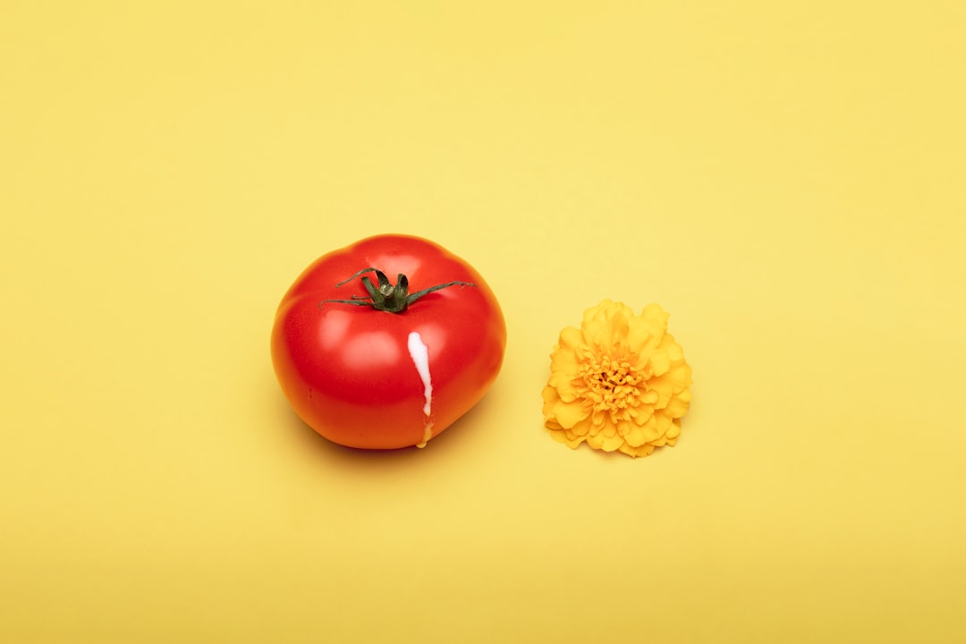 red tomato beside yellow flower